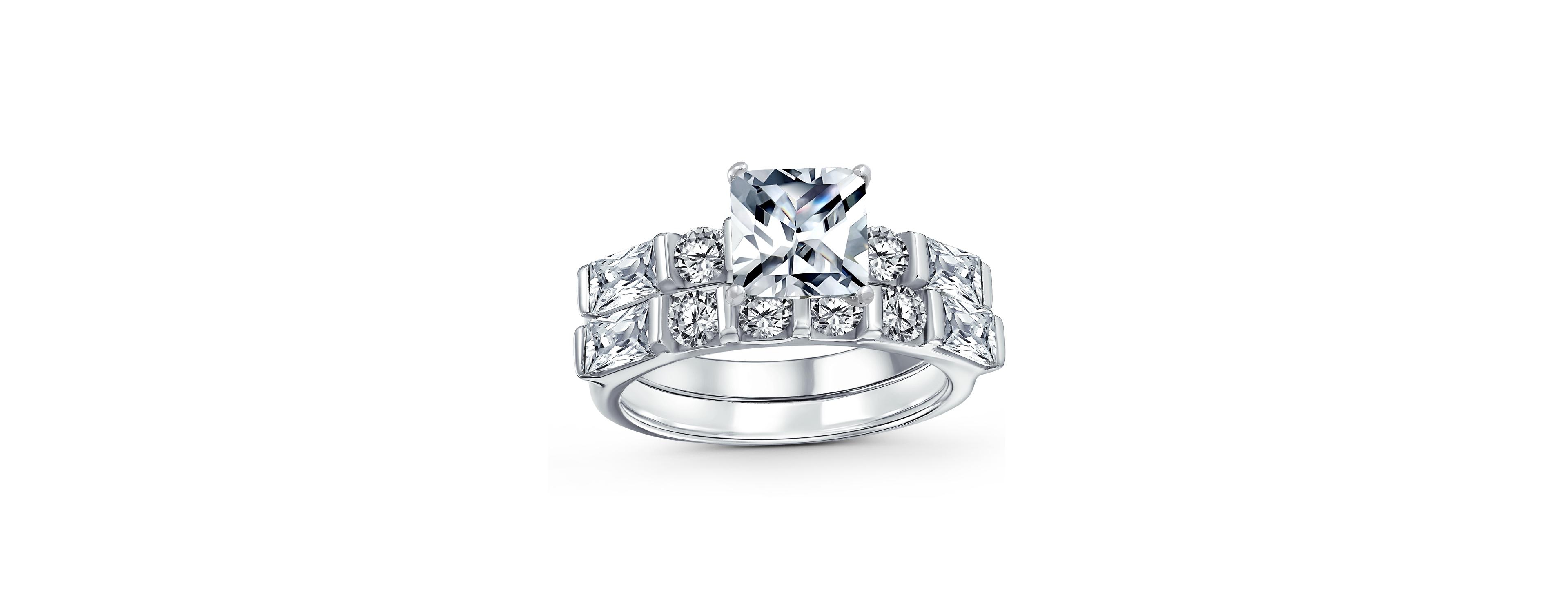 Bling Jewelry 2CT Cut Cz Cubic Zirconia Solitaire Engagement Ring Set Baguette Accents .925 Sterling Silver