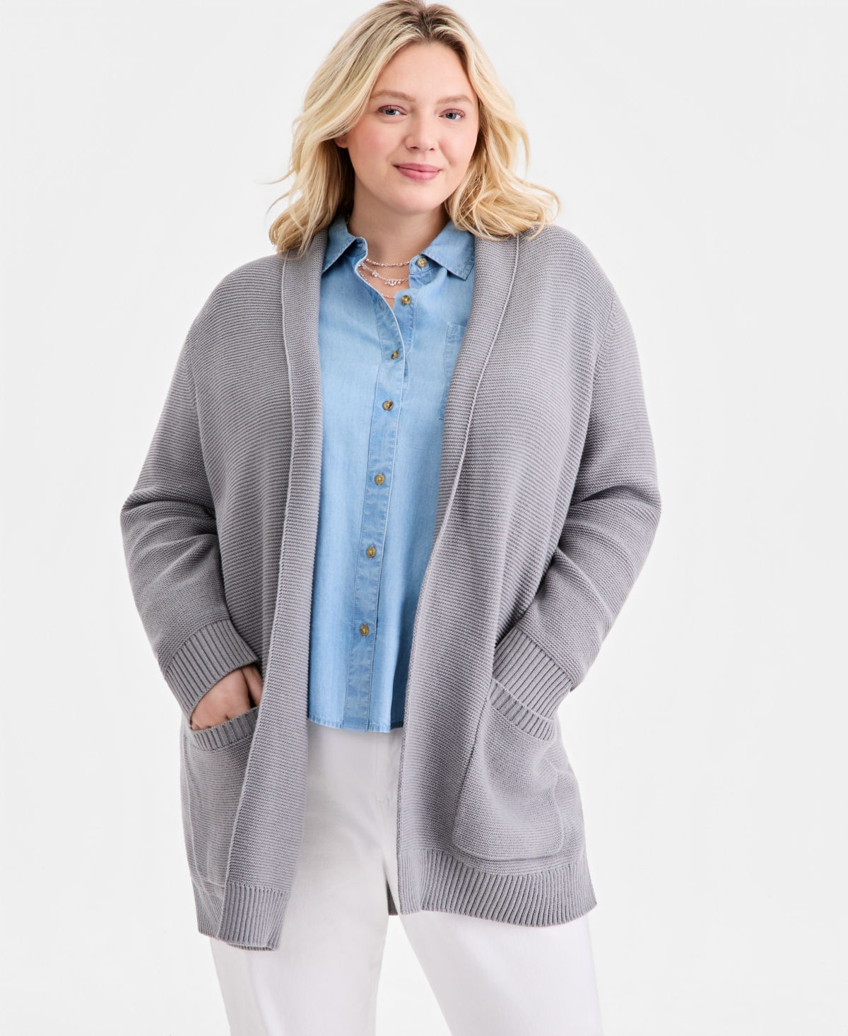 Style & Co Plus Size Open-Front Garter-Stitch Cardigan, Macy's Exclusive - Medium Grey Heather