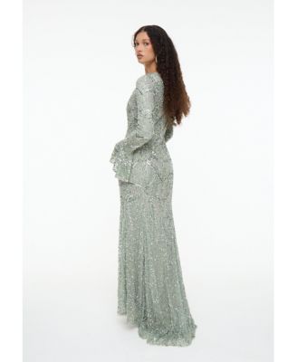 Women's Modest Embellished Sequin Beaded Dress Maxi With Ribbon on Sleeves