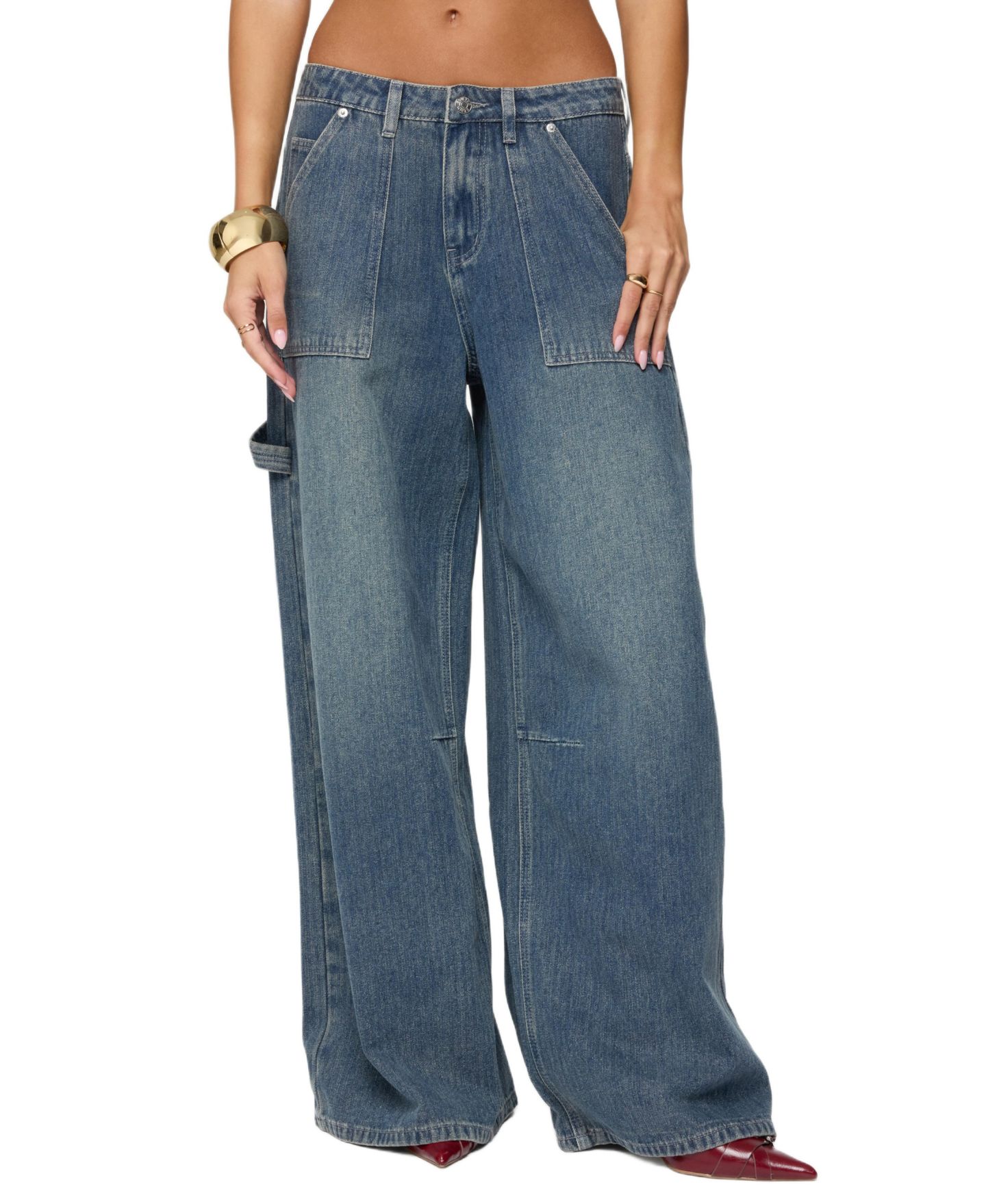 Женские джинсы Edikted Jaycee Low Rise Baggy Carpenter, цвет: Синий потёртый — фото 1