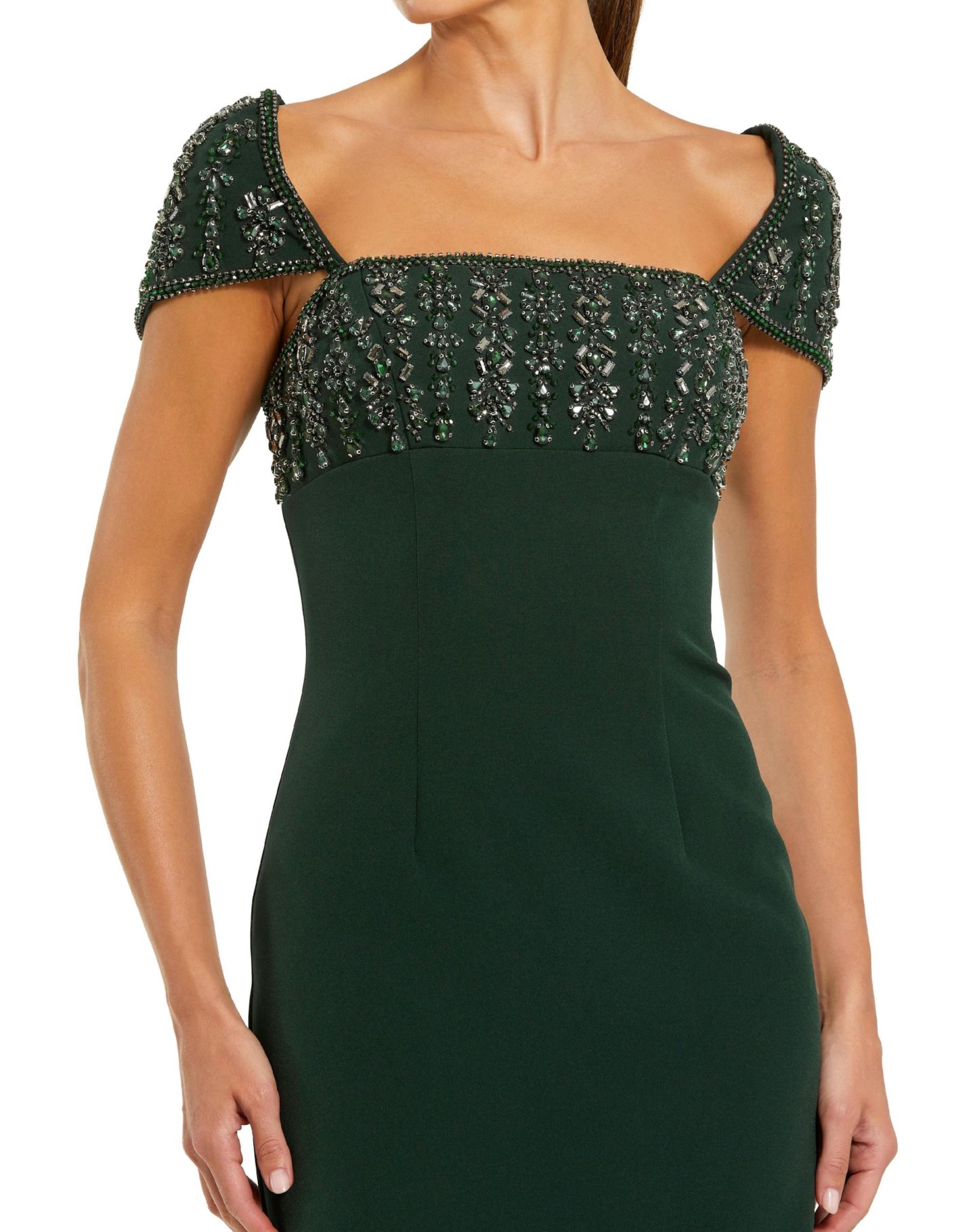 Женское платье Mac Duggal Crepe Embellished Cap Sleeve Fitted Midi, цвет: Тёмный изумрудный — фото 3