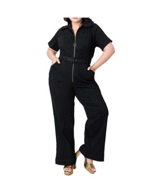 Plus Size Denim Belted Jumpsuit