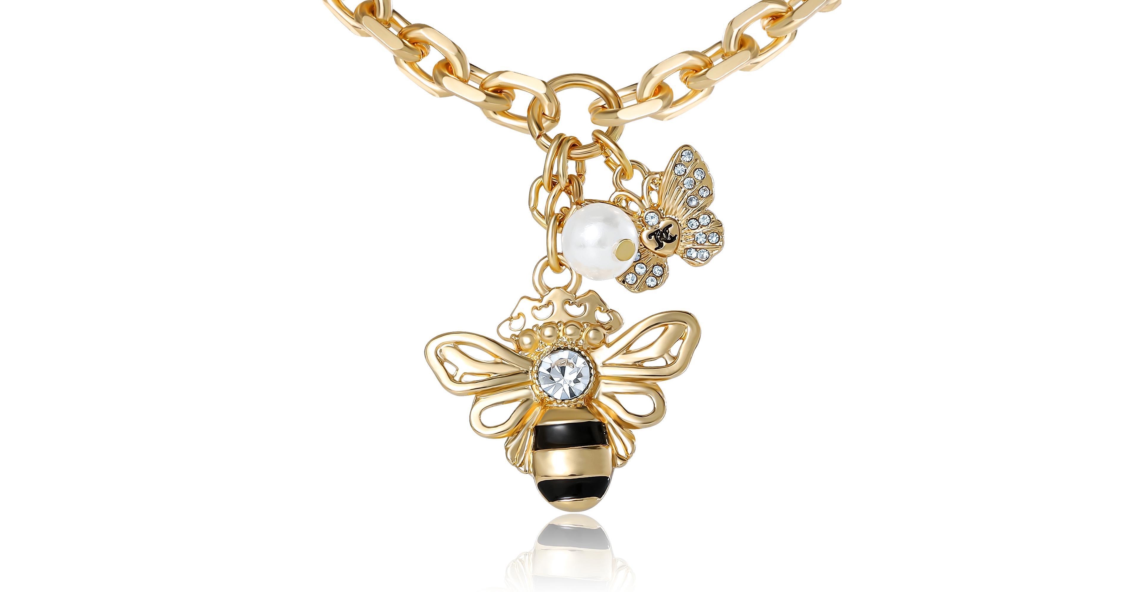 Juicy Couture Charm Cluster Bee Necklace, Gold Tone with Crystal Butterfly & Pearl Accents