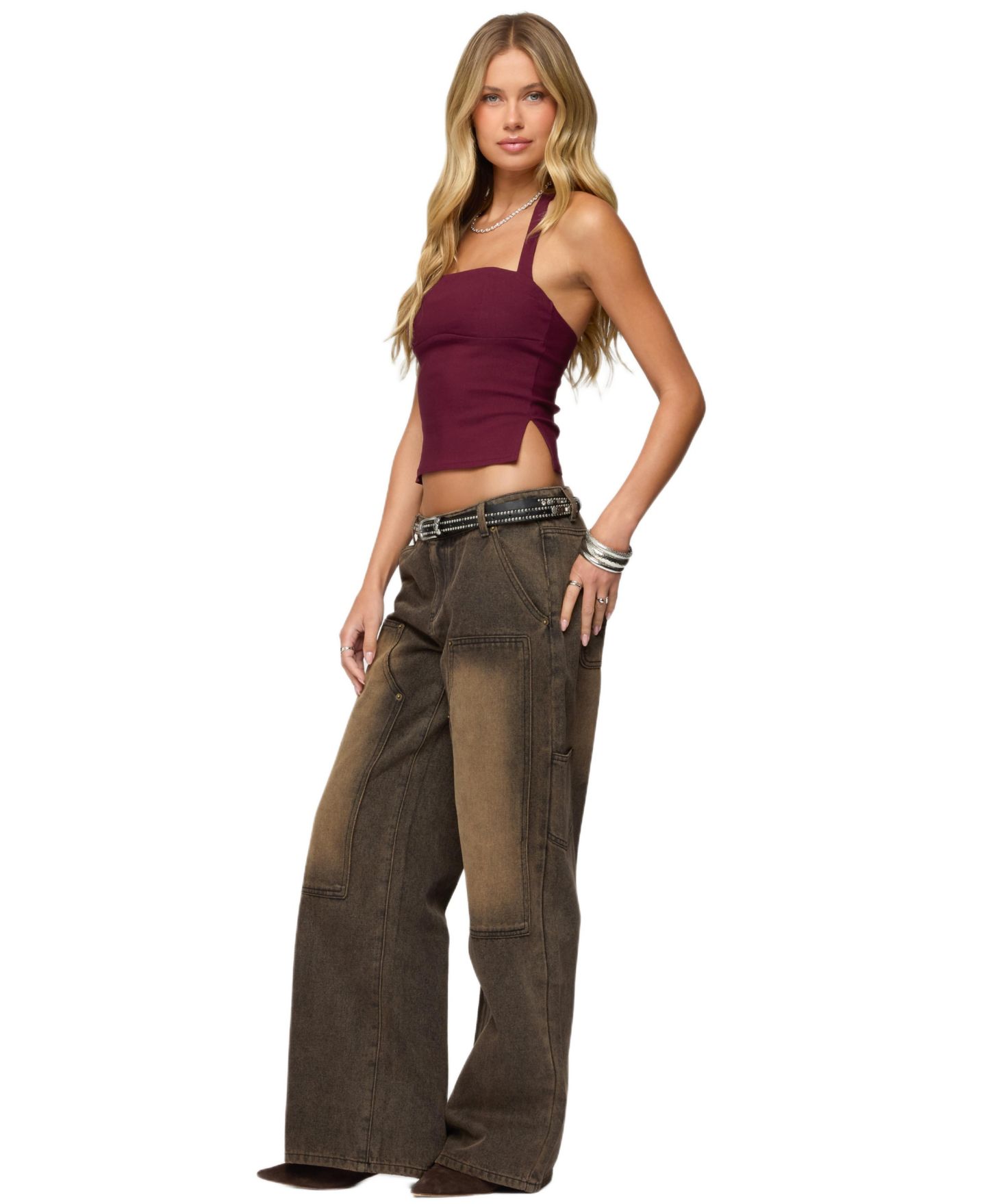 Женские джинсы Edikted Ayla Low Rise Baggy Carpenter, цвет: Коричневый потёртый — фото 2