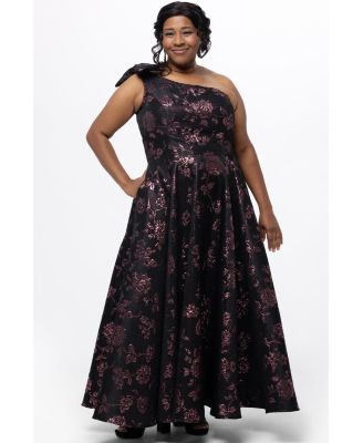 Women's One Shoulder Brocade Plus Size Formal Dress with Bow