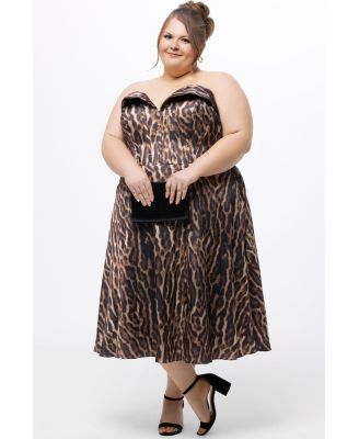 Women's Strapless Animal Print Tea Length Dress