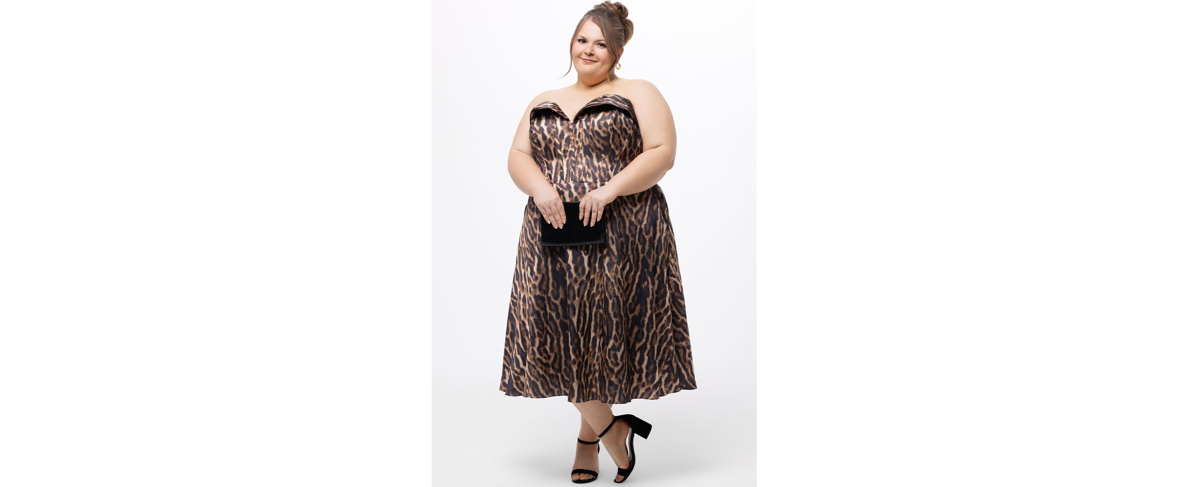 Celebrations by Sydney's Closet Women's Strapless Animal Print Tea Length Dress