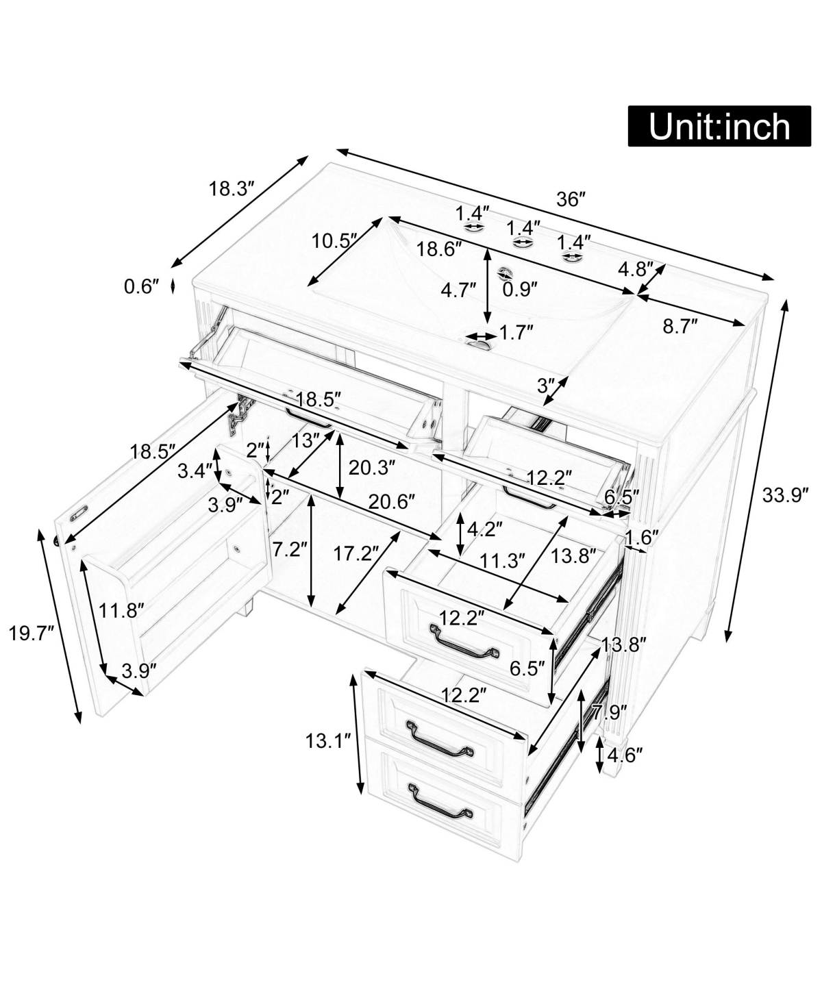 Casainc Bathroom Vanity with Ceramic Sink Solid Wood Frame and Flip Drawer