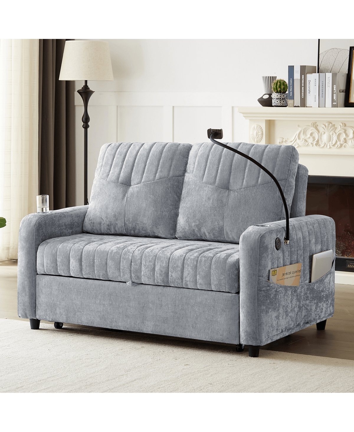 Maison Boucle 53.9" Chenille Pull-Out Sleeper Sofa with Adjustable Backrest, Usb Ports, Cup Holders & Side Storage