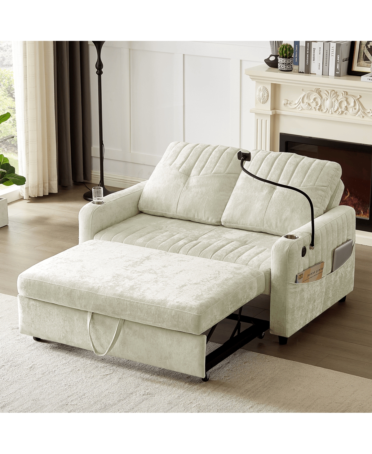 Maison Boucle 53.9" Chenille Pull-Out Sleeper Sofa with Adjustable Backrest, Usb Ports, Cup Holders & Side Storage