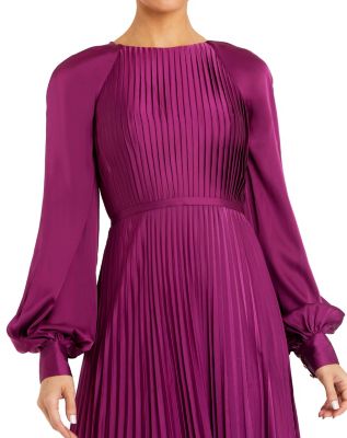 Women's Pleated High Neck Raglan Long Sleeve Side Slit Gown