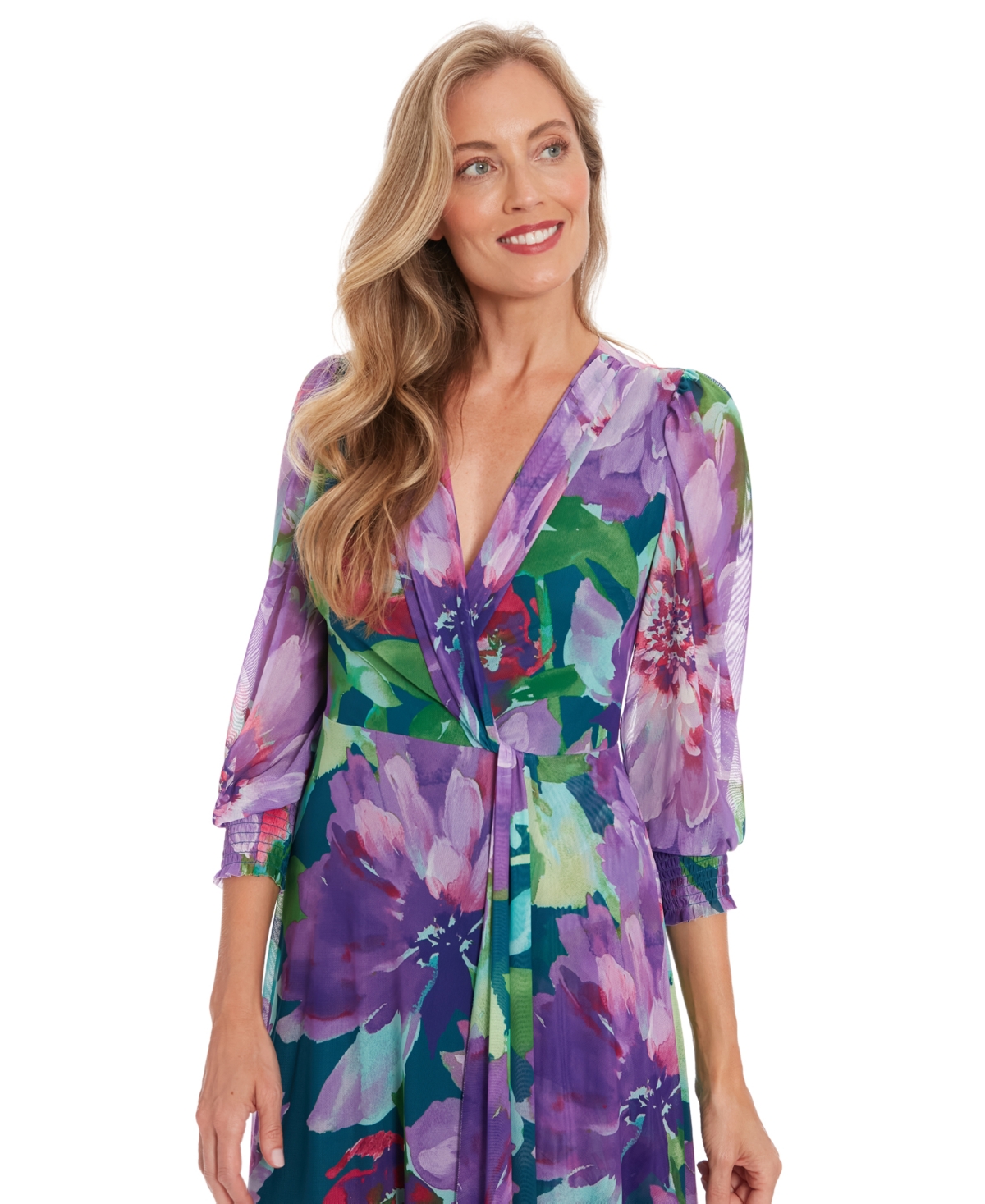 London Times Women's Shirred Surplice Twist Bishop-Sleeve Maxi Dress