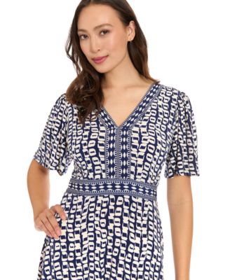 Women's Framed V-Neck Flutter-Sleeve Flare Dress