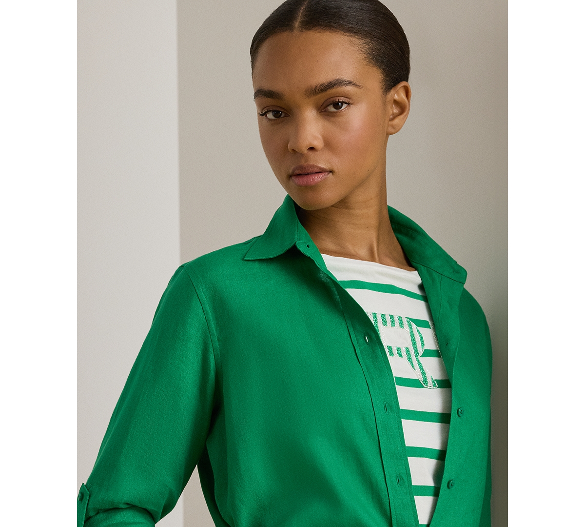 Lauren Ralph Petite Roll Tab-Sleeve Relaxed Fit Shirt