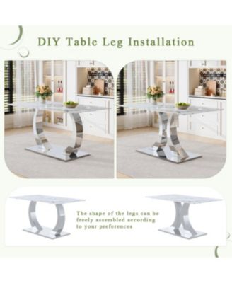 Streamdale Transformable Stainless Steel Dining Table - White Glass Top, 63"x35