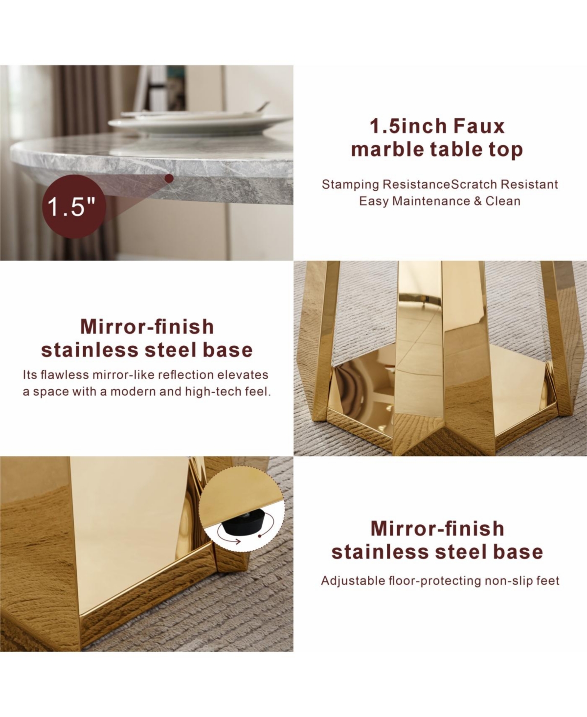 Streamdale Furniture 47" Round Marble Dining Table with Stainless Steel Base (Gold/Gray)