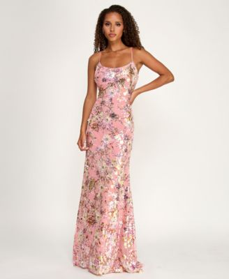 Juniors' Floral Sequin Scoop Neck Gown