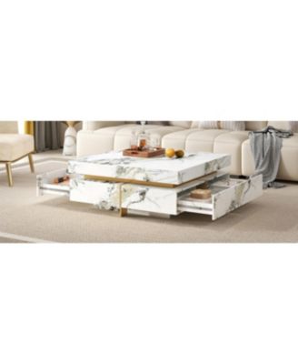Modern Marble Coffee Table with 4 Drawers, White, 43.3