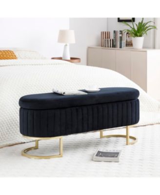 Streamdale Velvet Oval Upholstered Storage Bench with Golden Metal Legs, Black