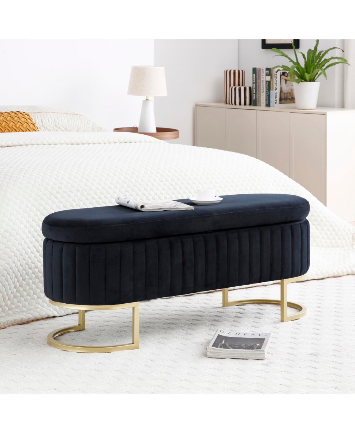 Streamdale Furniture Streamdale Velvet Oval Upholstered Storage Bench with Golden Metal Legs, Black