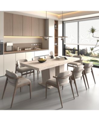 Rectangular extendable dining table (6-10 people, 160-200cm) with veined travertine.