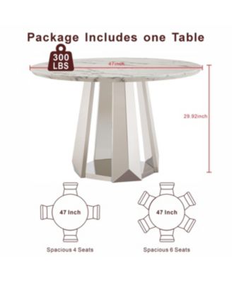  47" Round Marble Dining Table with Stainless Steel Base (Silver, White
