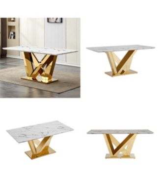  Marble Dining Table for 6, 70" Faux Marble Rectangle Table with Gold Stainless Steel Base