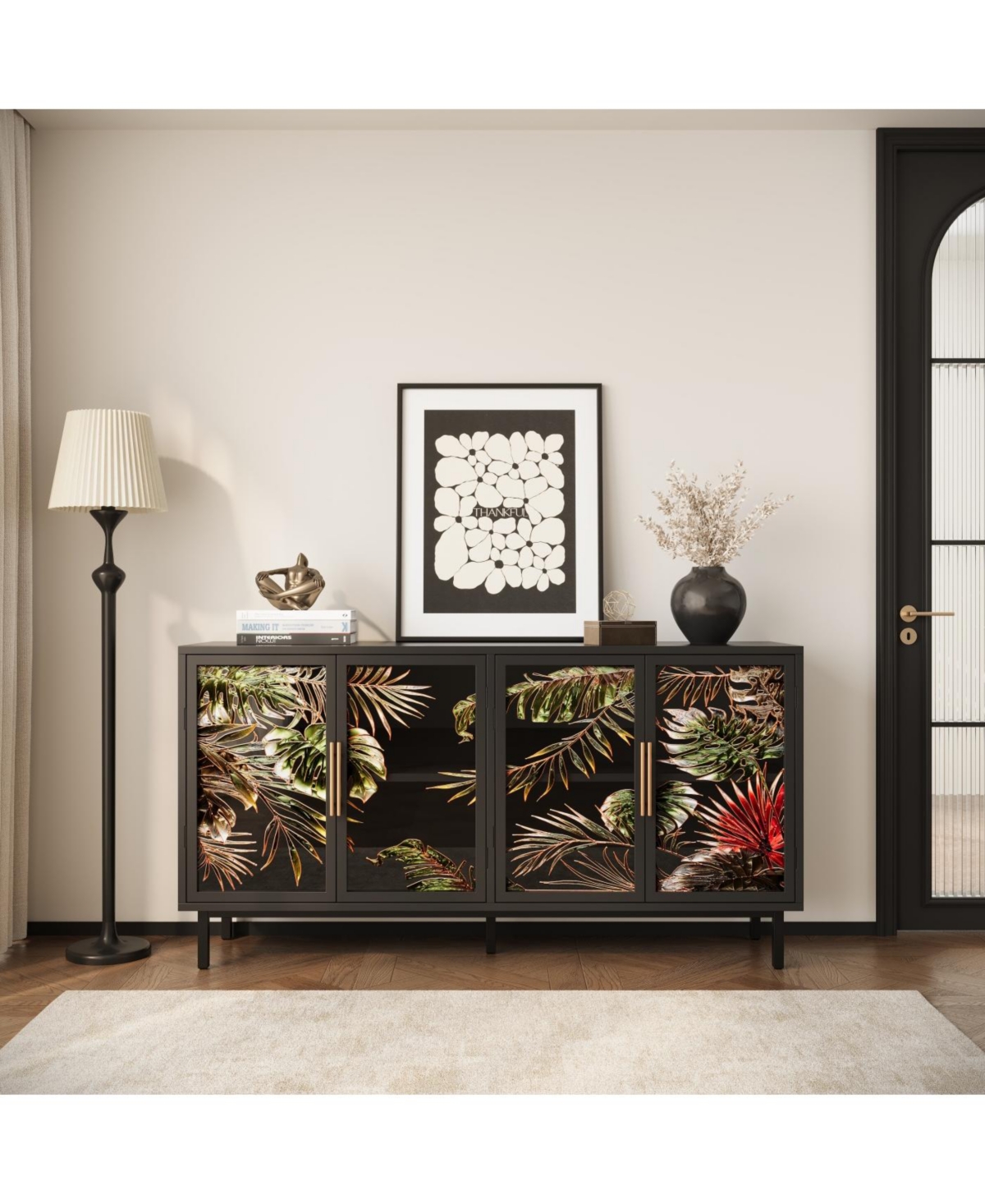 Streamdale Furniture Streamdale 60.3" 4-Door Buffet Cabinet, Glazed Art Storage, Retro Console Table