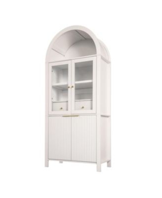 71" Fluted Tall Arched Pantry Cabinet with Hidden Drawer & Glass Door, White