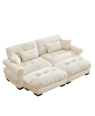  Oversized Modern Velvet Two-Seater Sofa with Ottoman, Cream