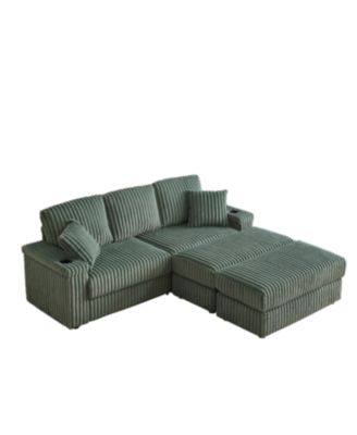 Streamdale 84Inch Corduroy 3-Seater Sofa with Pillows, Ottomans, Storage & Cup Holders