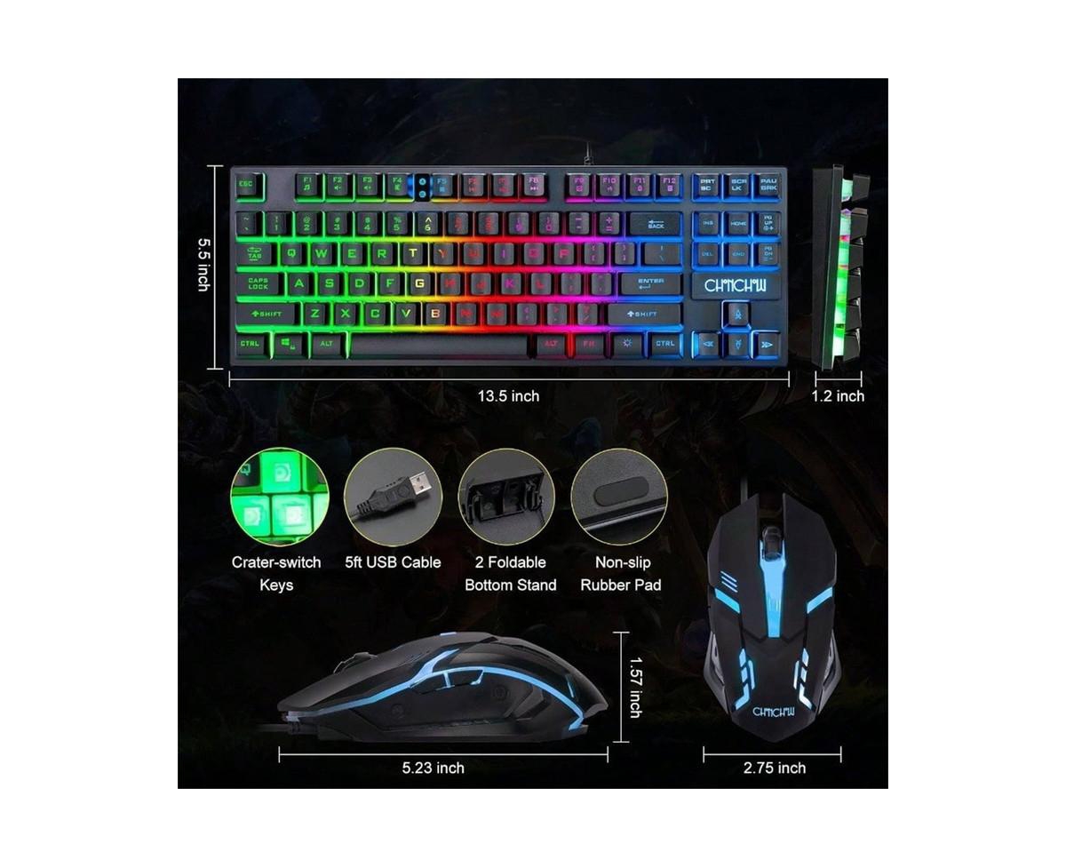 87 Keys Tkl Gaming Keyboard And Mouse Combo - Wired Backlit Keyboard with 800 - 3200 Dpi Rgb Mouse