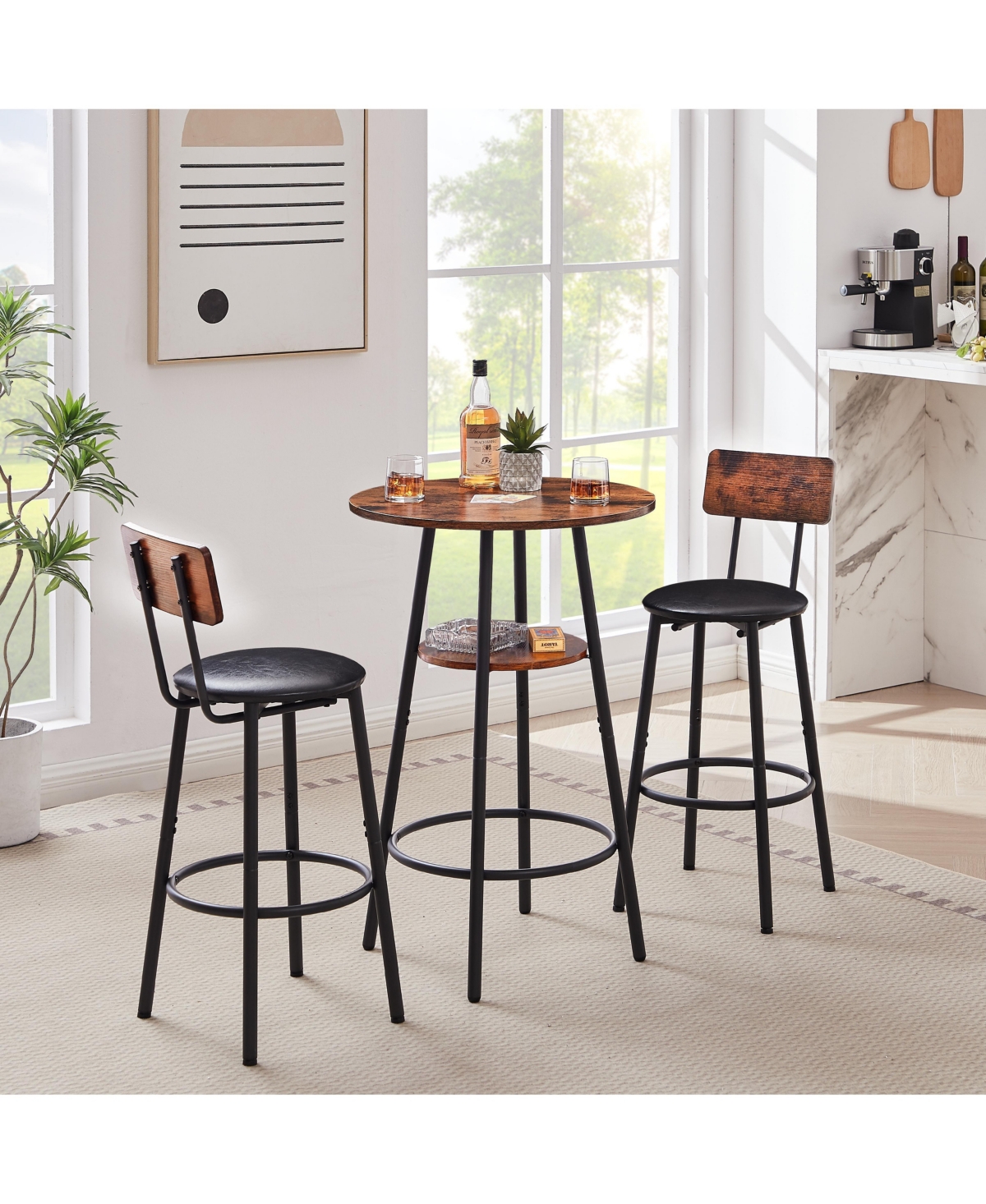 sumyeg Round Stool Set with Shelf and Upholstered Backrest, 23.62'' W x D 35.43'' H