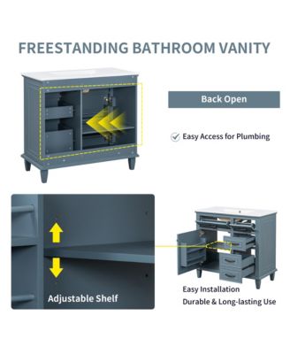 Freestanding Bathroom Vanity with Ceramic Sink Flip Drawers and Adjustable Shelf