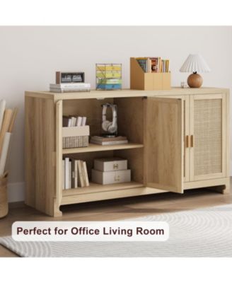 Rattan Accent Storage Cabinet with 4 Doors and Shelf, Modern Console Coffee Bar Cabinet for Dining Room, Kitchen, Living Room,Entryway,Beige