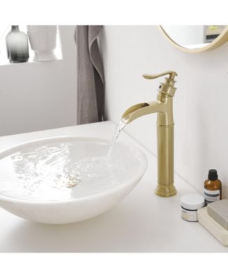 Waterfall Single Handle Bathroom Vessel Sink Faucet Farmhouse Vanity Bowl Tall Lavatory With Metal Drain In Brushed Gold