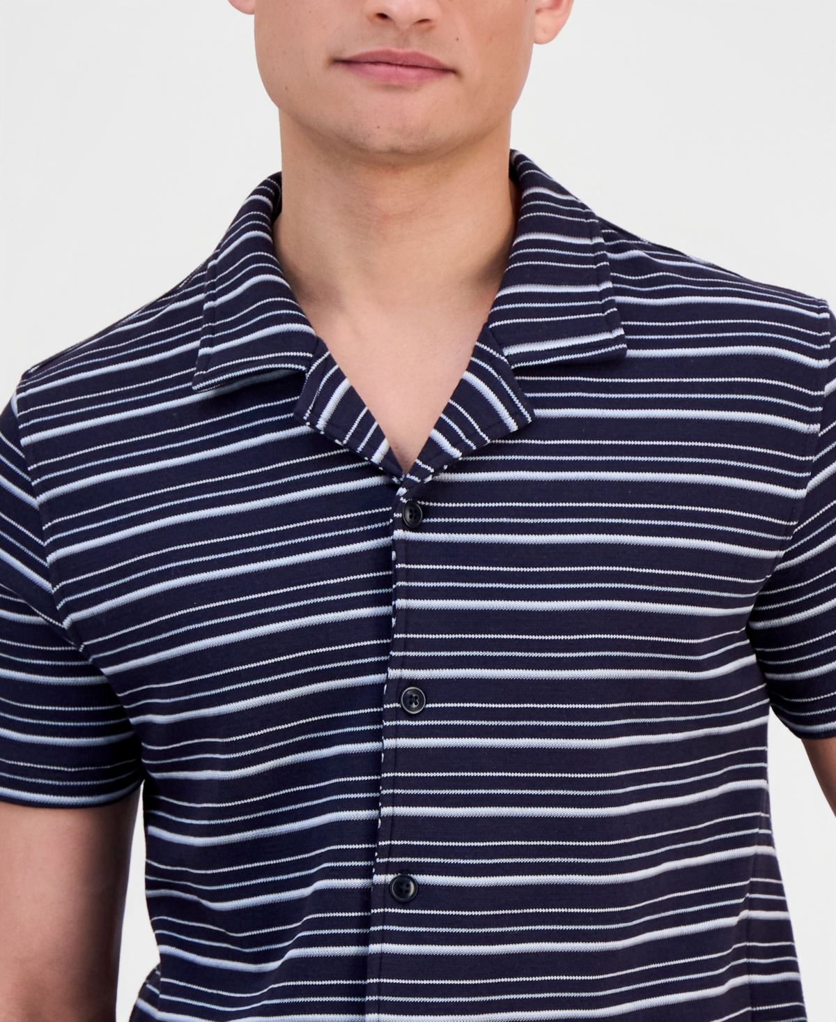 Guess Men's Linear Striped Boucle Knit Camp Shirt