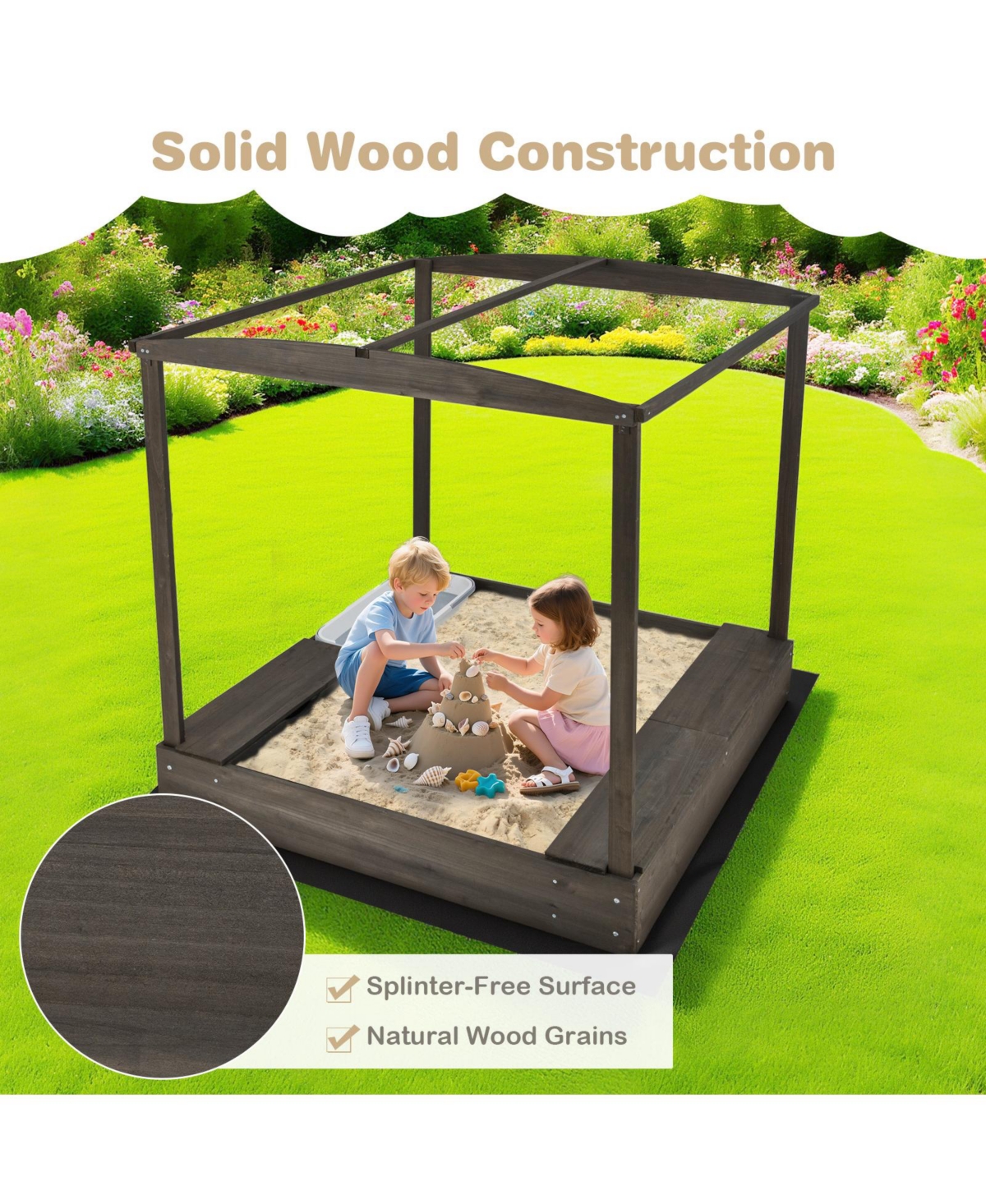 Hongge Wooden Sandbox with Adjustable Canopy and Storage Bench for Kids Ages 3