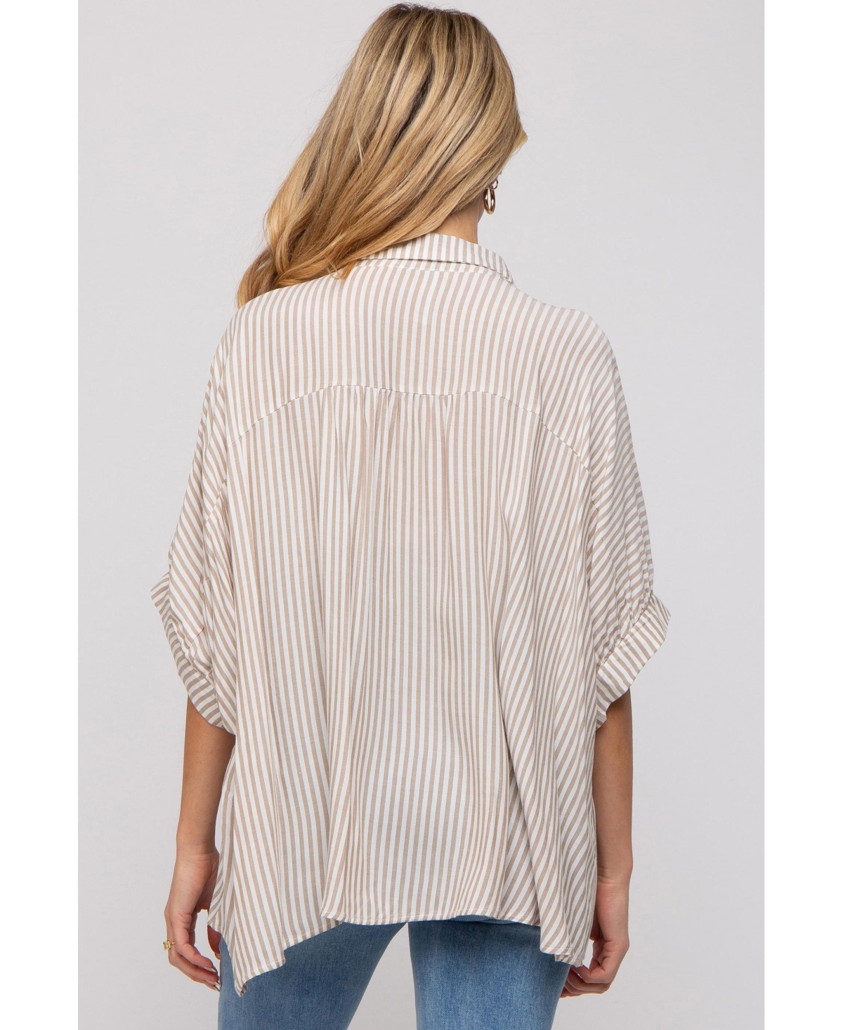 Pinkblush Maternity Taupe Striped Button Up Dolman Top