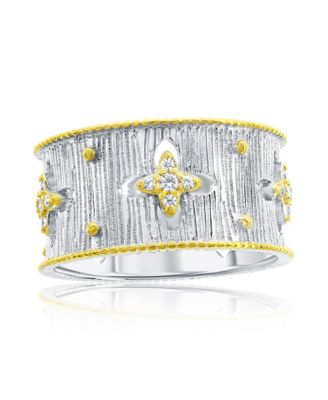 Sterling Silver Cubic Zirconia Brushed Italian Florentine Extra Wide Band Eternity Ring