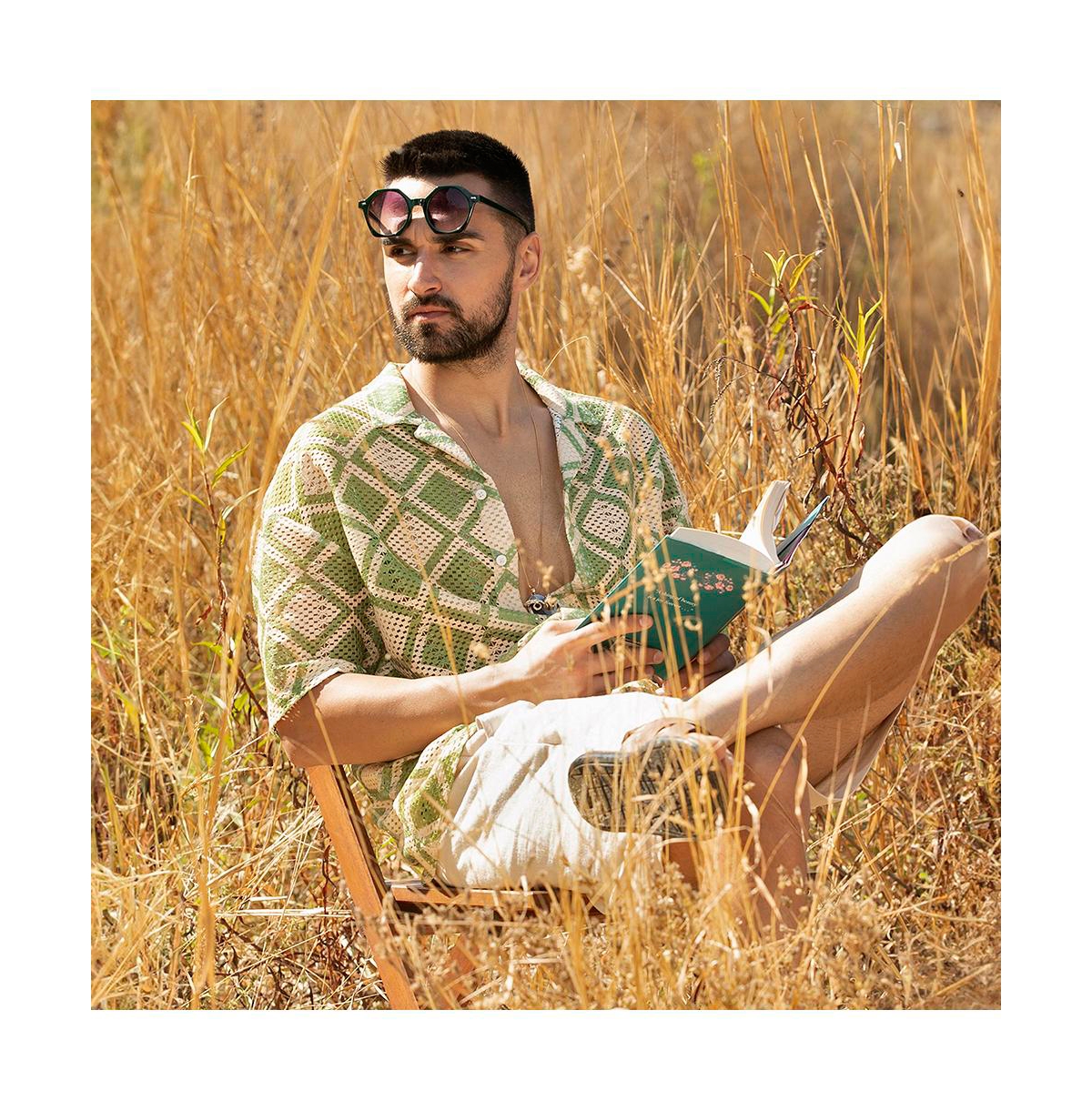 Campus Sutra Men's Grass Green & Pale Yellow Geometric Block Oversized Shirt