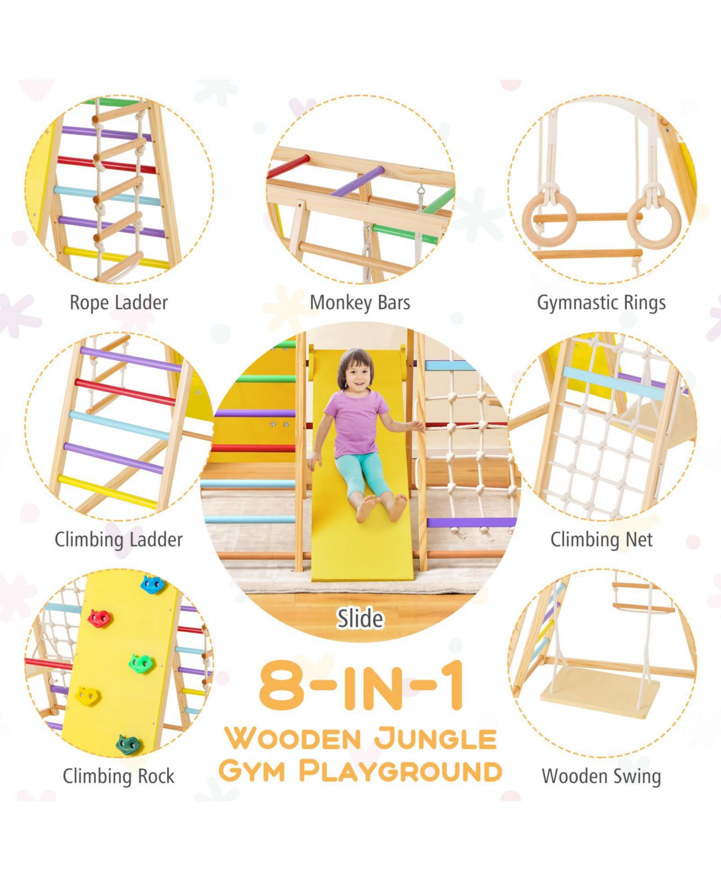 Детский игровой набор HONGGE 8-in-1 Wooden Jungle Gym Playset with Slide, Monkey Bars, and Climbing Wall, цвет: Жёлтый натуральный белый — фото 7
