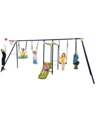 Kids Outdoor 7 in 1 Metal Swing Set with Slide Monkey Bar and Basketball Hoop