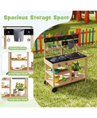 Kids Outdoor Wooden Mud Kitchen Playset with Faucet Sink Chalkboard and Storage