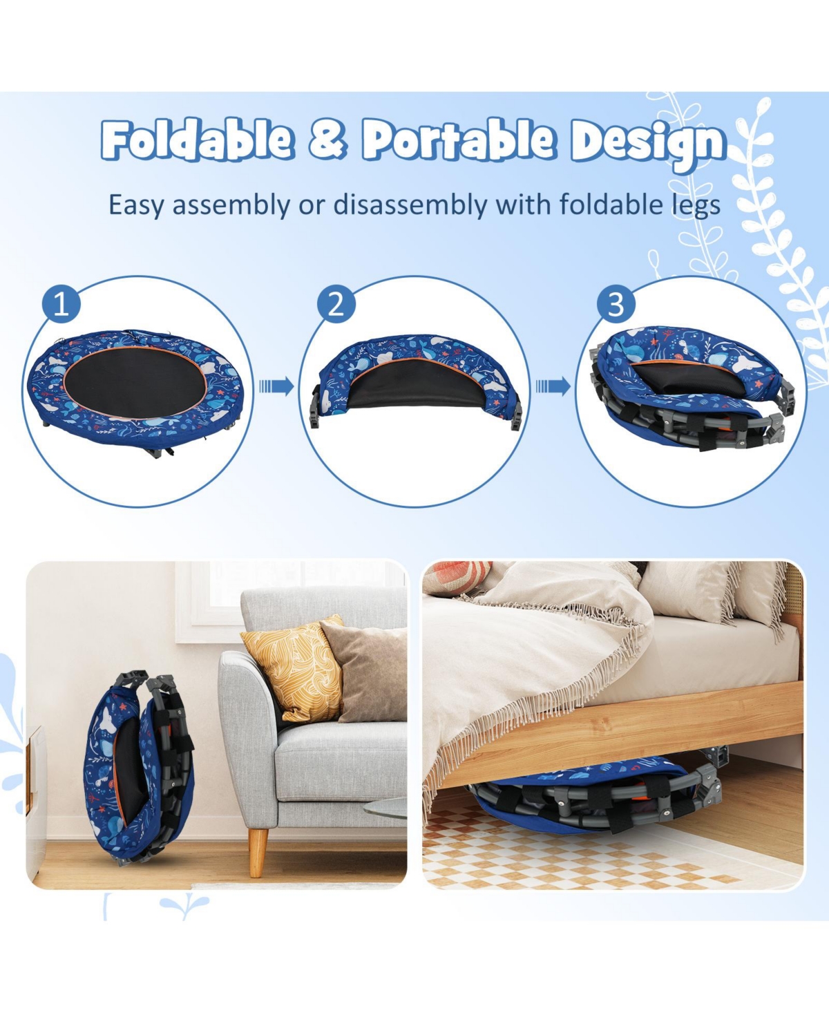 Hongge Kids Led Light Trampoline with Foam Handrail Foldable Frame and Safety Cover