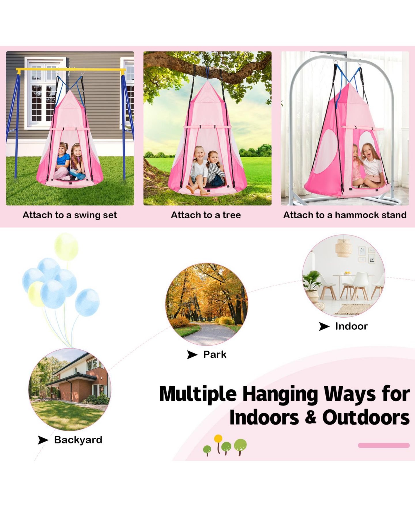 Детские игрушки SKONYON 2-in-1 Hanging Chair and Play Tent, 2-Piece Set, Ages 3-10, цвет: Розовый — фото 3
