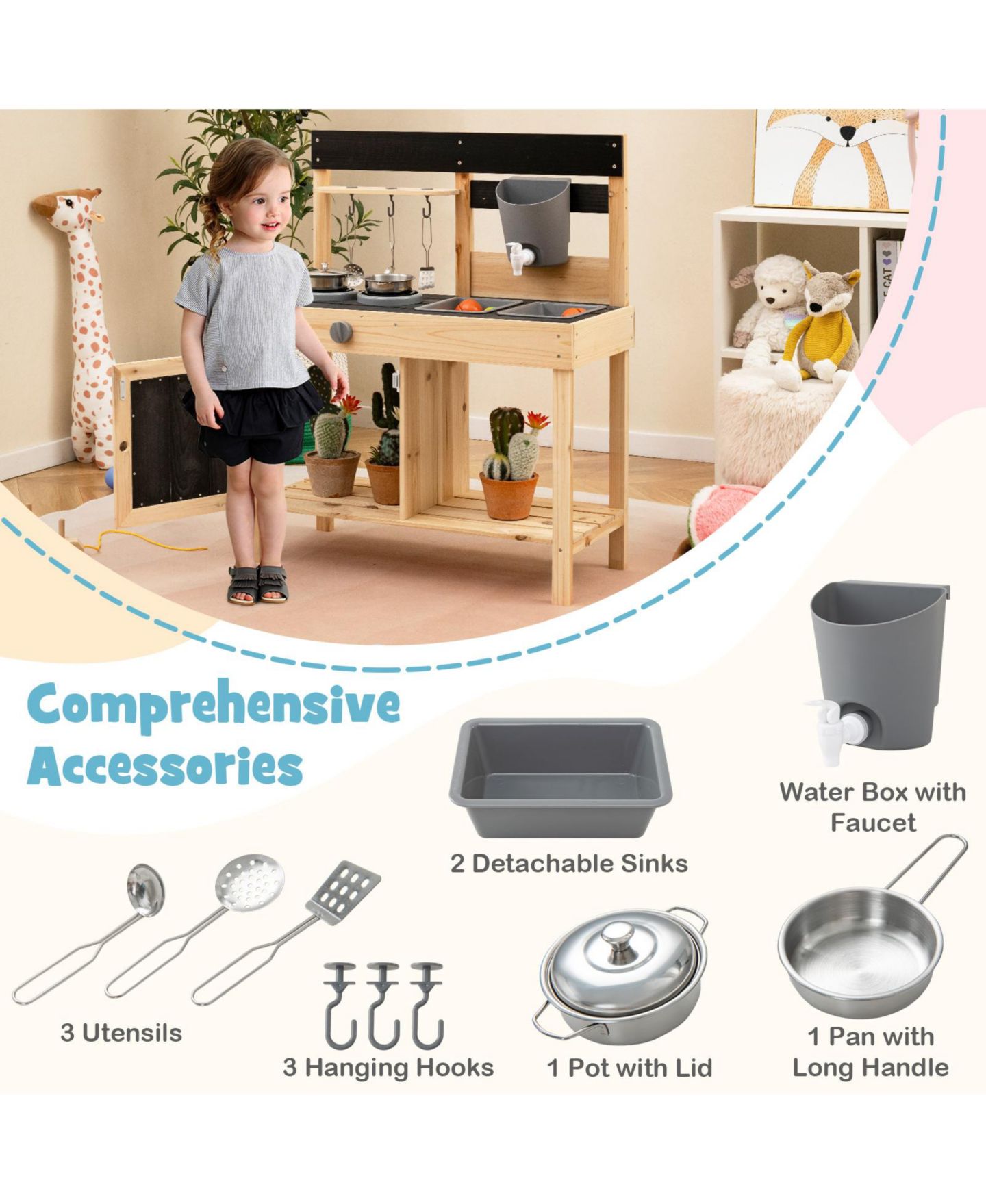 Детский игровой набор SKONYON Wooden Outdoor Mud Kitchen Working Water Faucet 8-Piece Playset, Ages 3+, цвет: Натуральный — фото 9