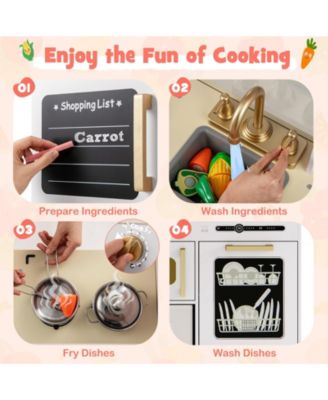 Wooden Kids Kitchen Playset with Chalkboard Ice Maker Sink Lighted Microwave-White