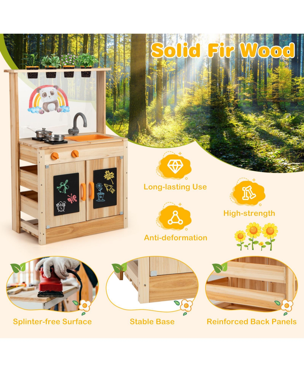Kids Outdoor Wooden Mud Kitchen Playset with Sink & Planting Pots