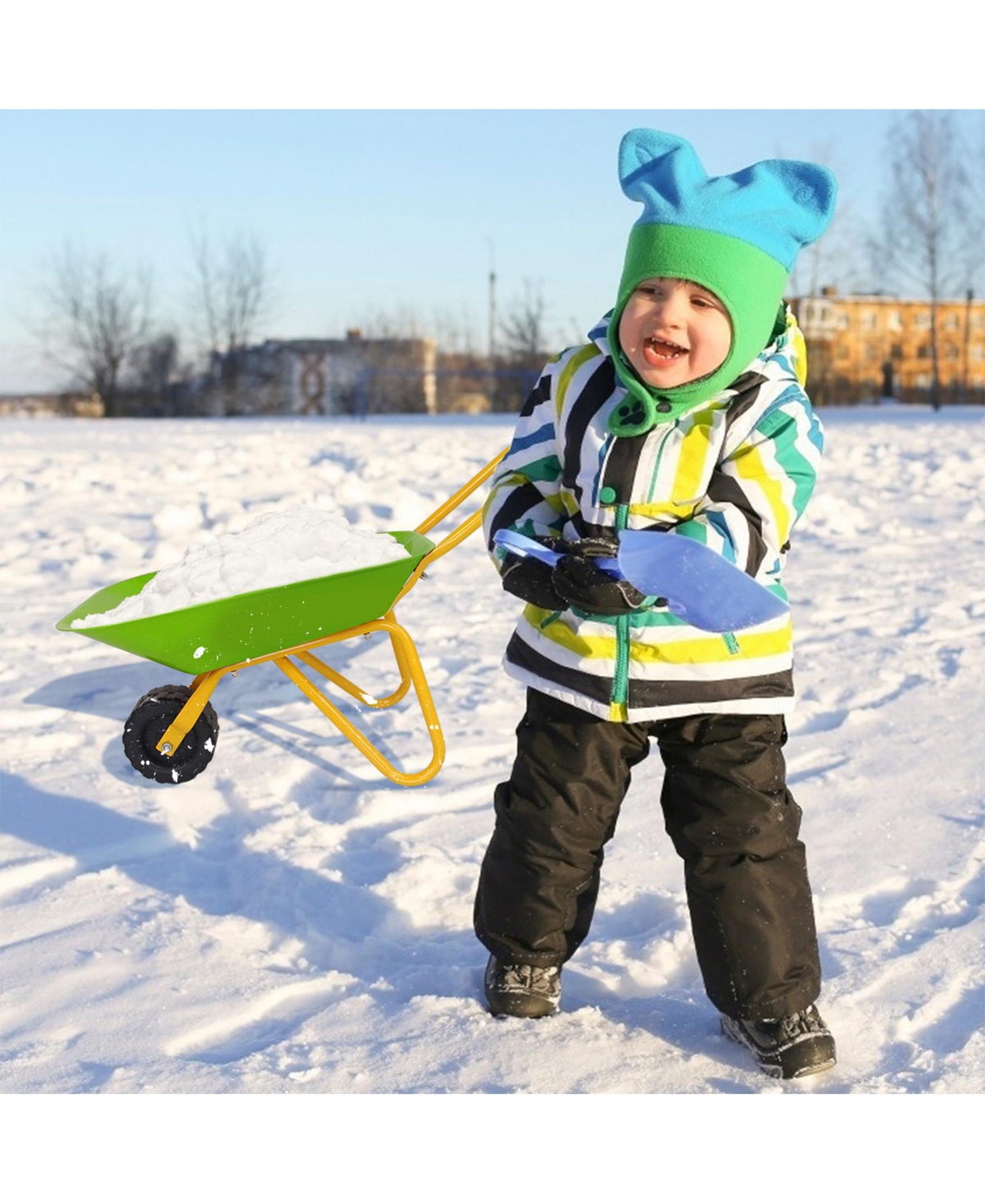 Sugift Outdoor Garden Backyard Play Toy Kids Metal Wheelbarrow-Light Green